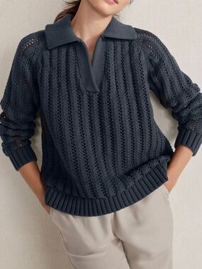 Haven Well Within Charcoal Gray  Open‑Stitch Johnny Collared Sweater. Size XXL.